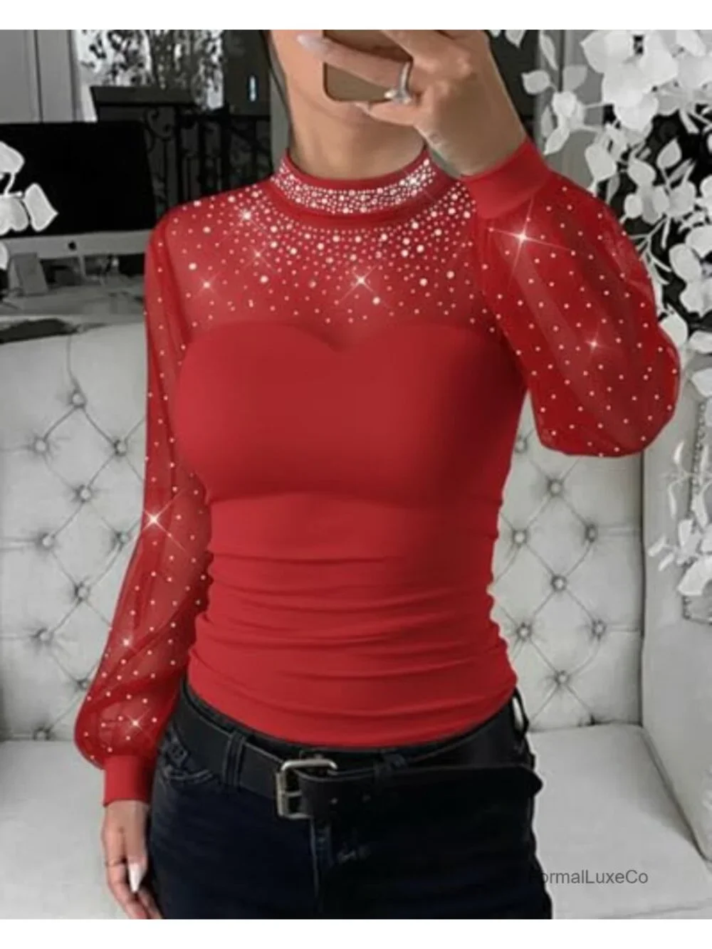 Rhinestone Mock Neck Lantern Long Sleeve Sheer Mesh Top Hollow-Out Back Slim